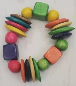 Chunky Big Multicolored Wood Bead Stretch Fashion Bracelet Vintage Blocks - Picture 1 of 10