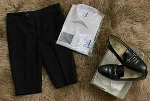 NEW BOYS DRESS WHITE SHIRT BLACK SHORT SLIM PANTS & SHOES SIZE 32 / 7Y - Picture 1 of 6