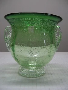 Amici Glass Vase Green Urn Hand Molded Blown Bubbles Two Handled - Picture 1 of 8
