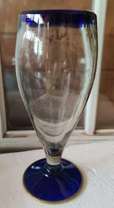 Mexican Recycled Hand Blown Artisan Beer Glass w/Cobalt Blue Rim Goldtrim Metal - Picture 1 of 5