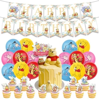 Winnie the Pooh 2 Balloons Happy birthday KIDS banner  party set decor topper AU - image 1 of 4