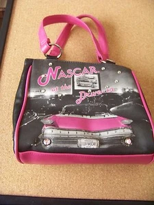 NASCAR at the Drive-in pocketbook black with pink trim handles bottom 8"x7"x4" - Picture 1 of 9