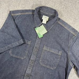 LL Bean Shirt Mens Medium Blue Denim BeanFlex Short Sleeve Dark Wash Button New - Picture 1 of 11