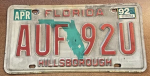 Florida License Plate AUF 92U – Hillsborough – (APR 92) GC - Picture 1 of 6