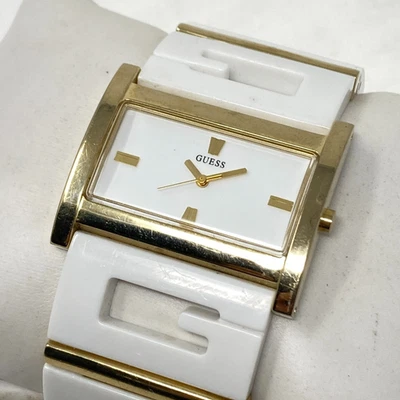 Guess Watch Women 36mm Gold Tone White Logo Band Wide WR New Battery 6.25" - Image 1 of 4