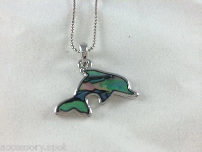 Hermoso collar colgante de delfín concha de paua abulón natural en cadena Foto 1 de 3