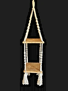 Vintage Macrame 5 Ft Hanging Planter Shelf Woven Wicker Tabletop Inserts BOHO! - Picture 1 of 13