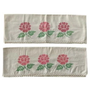 Cross Stitch Embroidered Pillowcases Pink Floral Cottage Core Shabby Decor Vtg - Picture 1 of 3