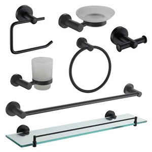 Black Wall Mounted Bathroom Accessories Toilet Roll Holder Shelf Towel Ring - Picture 1 of 11