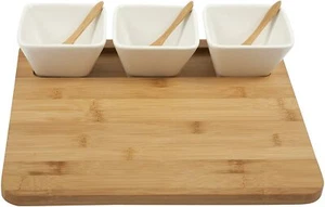Core Bamboo 3-Part Square Entertainment Set White Ceramic Bowls plus Spoons - Picture 1 of 3