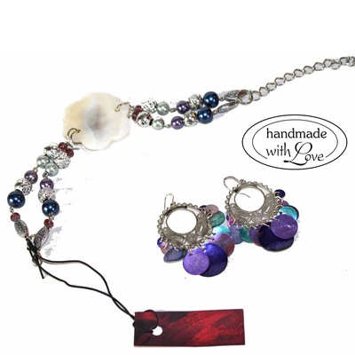 Handarbeit Unikat Perlmut Hippie Vintage Armband Ohrringen Set Türkis Lila NEU - Bild 1 von 4