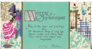 CARTOLINA VINTAGE NATALE ART DECO 6,5x3,5 dama in abito rosa a porta candela in finestra - Foto 1 di 2