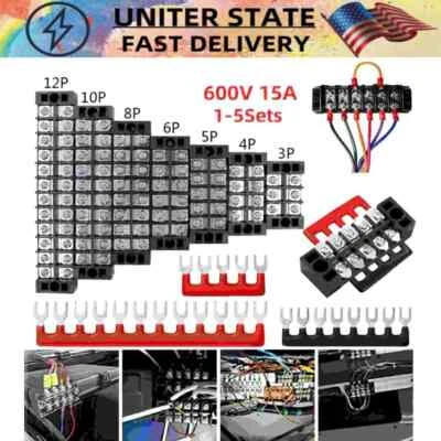 US Dual Row 3-12 Positions 600V 15A Screw Terminal Block Terminal Barrier Strip - Image 1 of 4