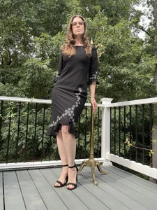 Vintage 1990’s Flower Embroidered Black Ruffle Hem Dress by Plaza South - Picture 1 of 7