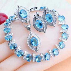 Unique 4 pc 925 Silver Created Blue Topaz Jewelry Set - 9 ring size - Picture 1 of 11