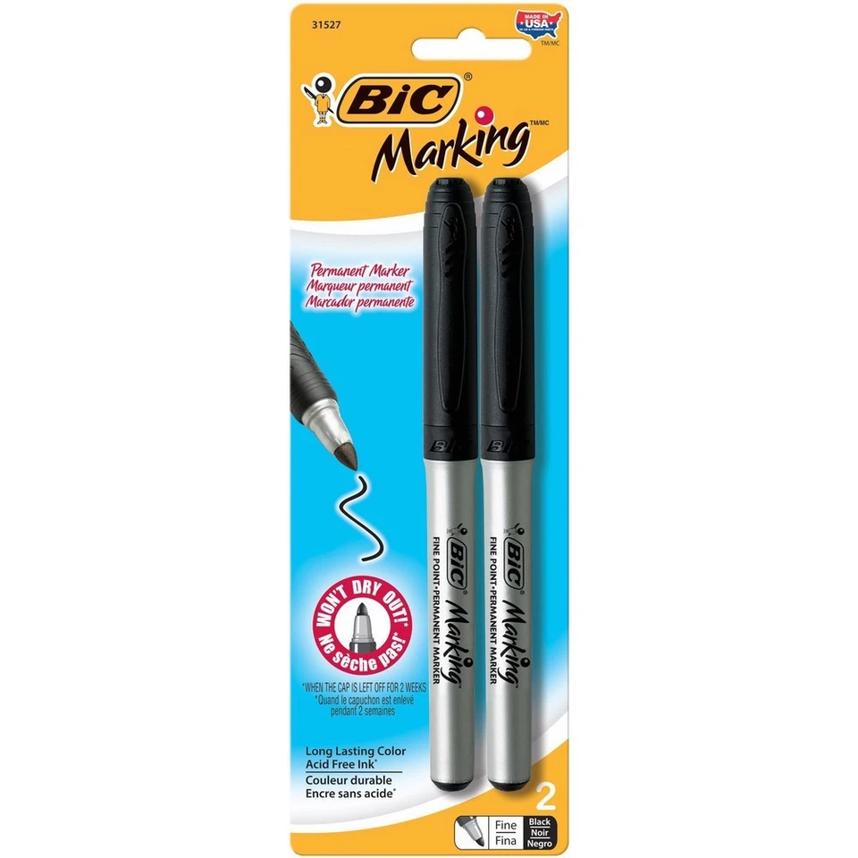 BIC Mark-it Permanent Marker Fine Point Black 2 Markers Gpmp2 Made in USA