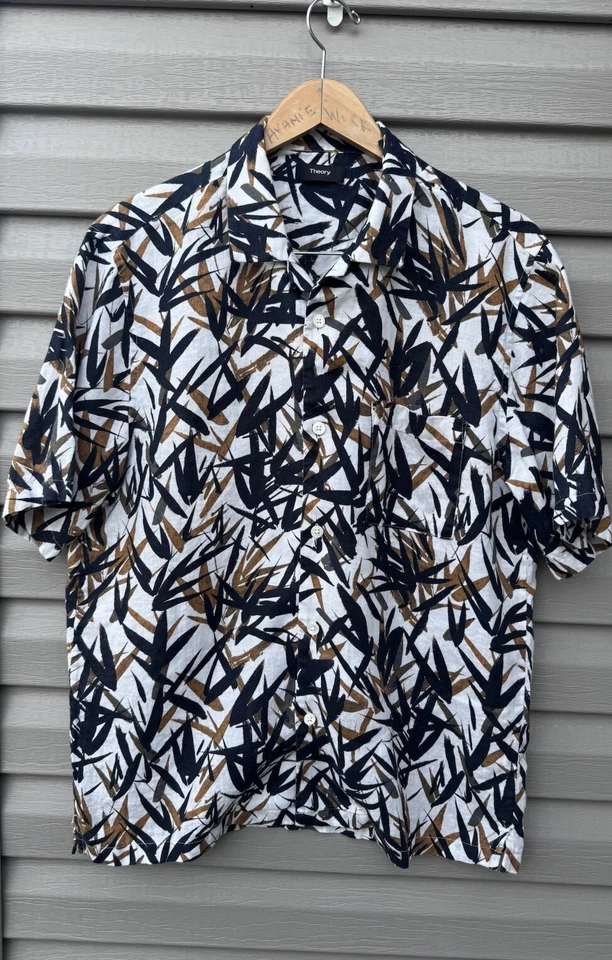 Theory Daze P Pinal Blue Tan Men's Button Up Camp Shirt Short Sleeves Linen - Image 1 of 4