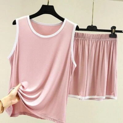 Womens Modal Cotton Pajamas Set 2Pcs Top Bottom Shorts Nightwear Sleeveless - Image 1 of 4