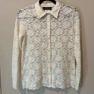 Dialogue Women’s Pearl White Long Sleeve Collard Floral Lace Button Up Blouse - Picture 1 of 6