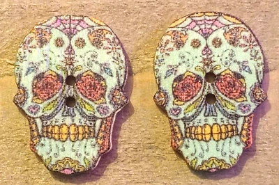 2 Skull Sewing Buttons Crafting Flat Wood 2 Hole 1" Red Flower Eyes  - Image 1 of 2