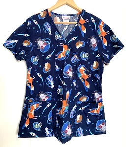 ScrubStar Women’s M Medium Scrub Top Nurse Vet Tech Animals in Space Navy Blue - Picture 1 of 4