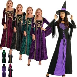 Womens Medieval Witch Cosplay Costume Halloween magic sorcerer Gown Maxi Dress