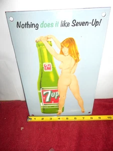 VINTAGE 8 x 12 in SEXY LADY 7UP SODA POP ADV. SIGN HEAVY METAL PORCELAIN # 945 - Picture 1 of 6