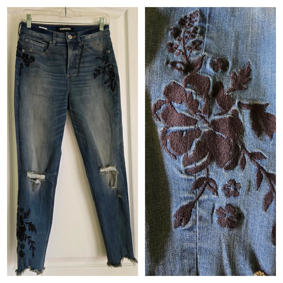 Leggings al tobillo desgastados de tiro alto bordados florales Express usados en excelente estado, 2S Foto 1 de 4