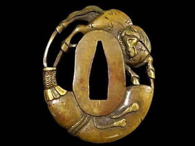 Edo period Japan antique brass Hyotan Gourd Horse Tsuba Box blade armor sword  - Image 1 of 4