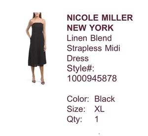 NWT Nicole Miller NYC Designer Black Linen Blend Strapless Midi Dress Zip XL - Picture 1 of 9