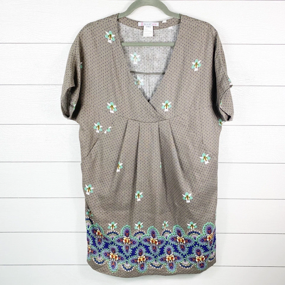 Платье-футляр женское Paul & Joe Sister 8 льняное с коротким рукавом в горошек желтовато-коричневое фиолетовое - Изображение 1 из 4