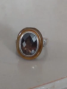 925 Sliver Gem Stone Ring Tigers Eye And Smoky Quartz - Picture 1 of 2
