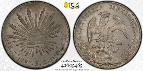 1897 Zs83 FZ 8 REALES MEXICO RADIANT CAP KM# 377.13 PCGS AU-DETAIL HIGH-GRADES Cover