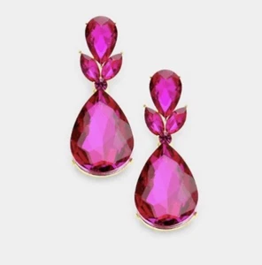 Rosa Ohrringe Ohrhänger lang gold heiß fuchsia Strass baumeln Kristall Abschlussball - Bild 1 von 10