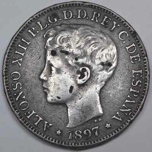 1897 Spanish Philippines 1 Peso Silver Coin Circulated - Picture 1 of 2