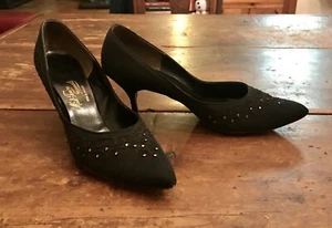 VINTAGE 1950s Mid-Town Formals Black Satin Rhinestone HIGH HEEL SHOES 6 - Picture 1 of 12