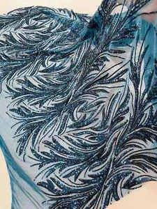 Leaf Stretch Sequins Fabric - Teal - 4 Way Stretch Lace Mesh Fabric By Yard - Picture 1 of 6
