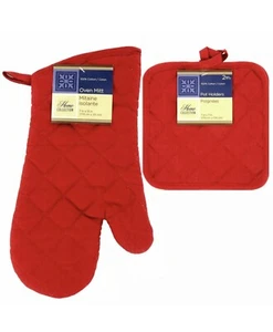 Home Collection Red Oven Mitt Glove Kitchen Heat Resistant Pot Holder Set of 3 - Picture 1 of 4