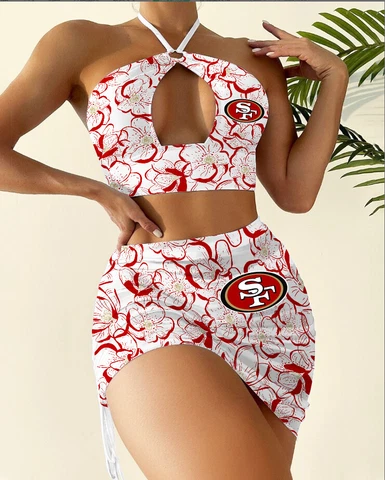 San Francisco 49ers 2PCS Halter Cutout Bikini Set Bathing Suit Skirt Swimsuits Cover