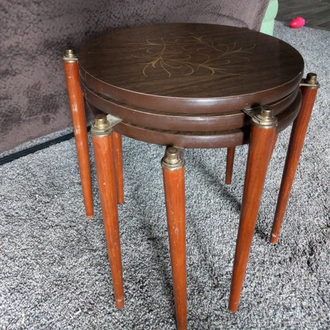 Excellent Mid Century Modern 3 Pc  Wood Stacking Nesting Tables Laminate Tops Cover