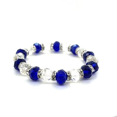 Dark Blue & Clear Faceted Resin Crystal Beaded Stretch Bracelet Austrian Czech - Image 1 of 2