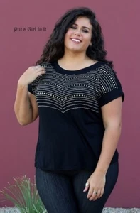 USA New VOCAL PLUS SIZE Womens STUDDED BLACK TUNIC SHIRT BLOUSE 1X 2X STUDS - Picture 1 of 4