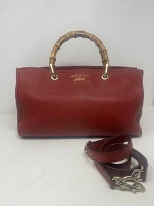 Gucci Bamboo Pebbled Calfskin Medium Leather Red Shopper Tote - Picture 1 of 24