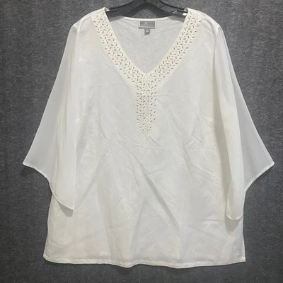 JM Collection Tunic Top Womens XL White Linen Sequin Sheer Sleeves Cottagecore - Image 1 of 4