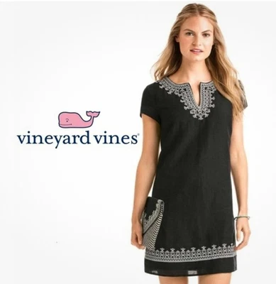Talla 0- Nuevo con etiquetas Vestido recto de lino bordado de vacaciones Vineyard Vines negro para mujer Foto 1 de 4