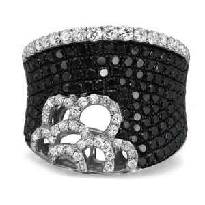 Pave Set Round Black & White Diamond Cocktail Band Ring 18K White Gold 2.40Ctw - Picture 1 of 5