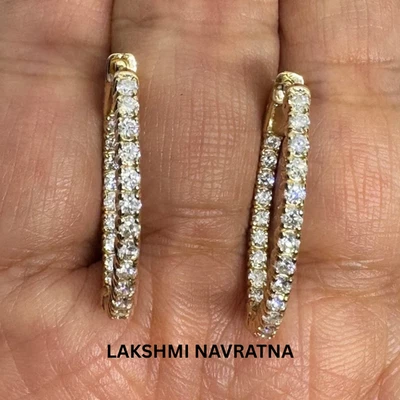 1.15Ct Round Cut Real Moissanite Inside Out Hoop Earrings 14K Yellow Gold Plated - Image 1 of 4