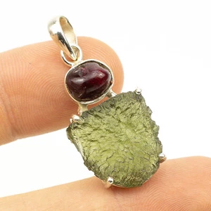5.98gr MOLDAVITE tektite pendant with SPINEL sterling silver .925 #JM358 - Picture 1 of 3