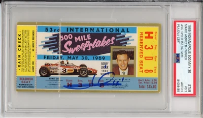 1969 Indy Indianapolis 500 Ticket Signed Mario Andretti Win PSA DNA 9 Autograph - Image 1 of 2