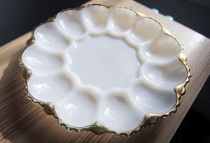 Vintage Milk Glass Deviled Egg Plate Tray- Anchor Hocking 1950s-Gold Rim - Picture 1 of 7